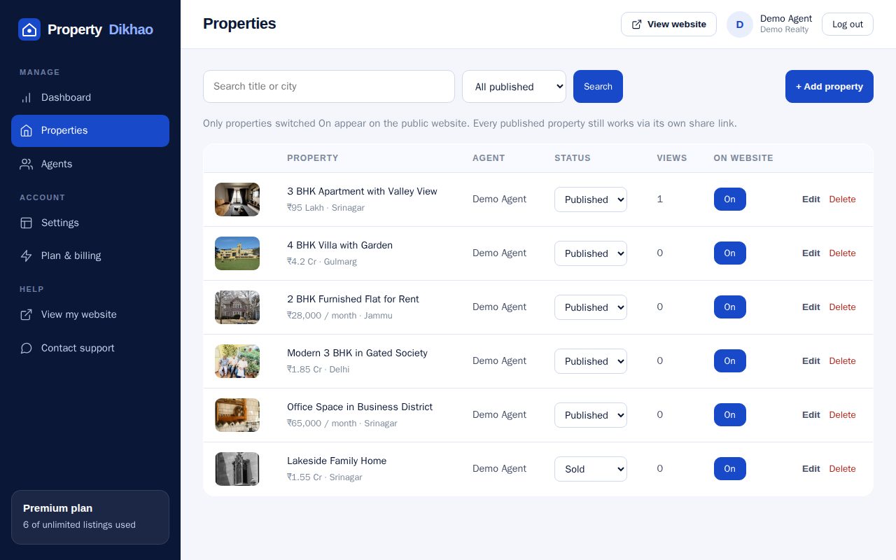 Property list in the agency admin panel